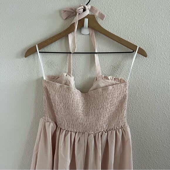 NWT Shein Mod Light Pink Pinafore Pin Up Dress Halter Tie Back Smocking Midi L - Picture 5 of 7